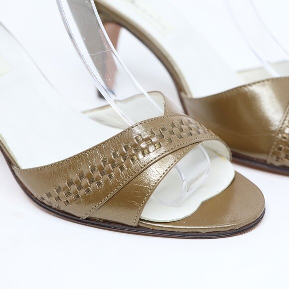 Vintage Fabiosi Olive Green Brown Leather Ankle Strap Peep Toe Pumps Skinny Heel - Picture 3 of 10